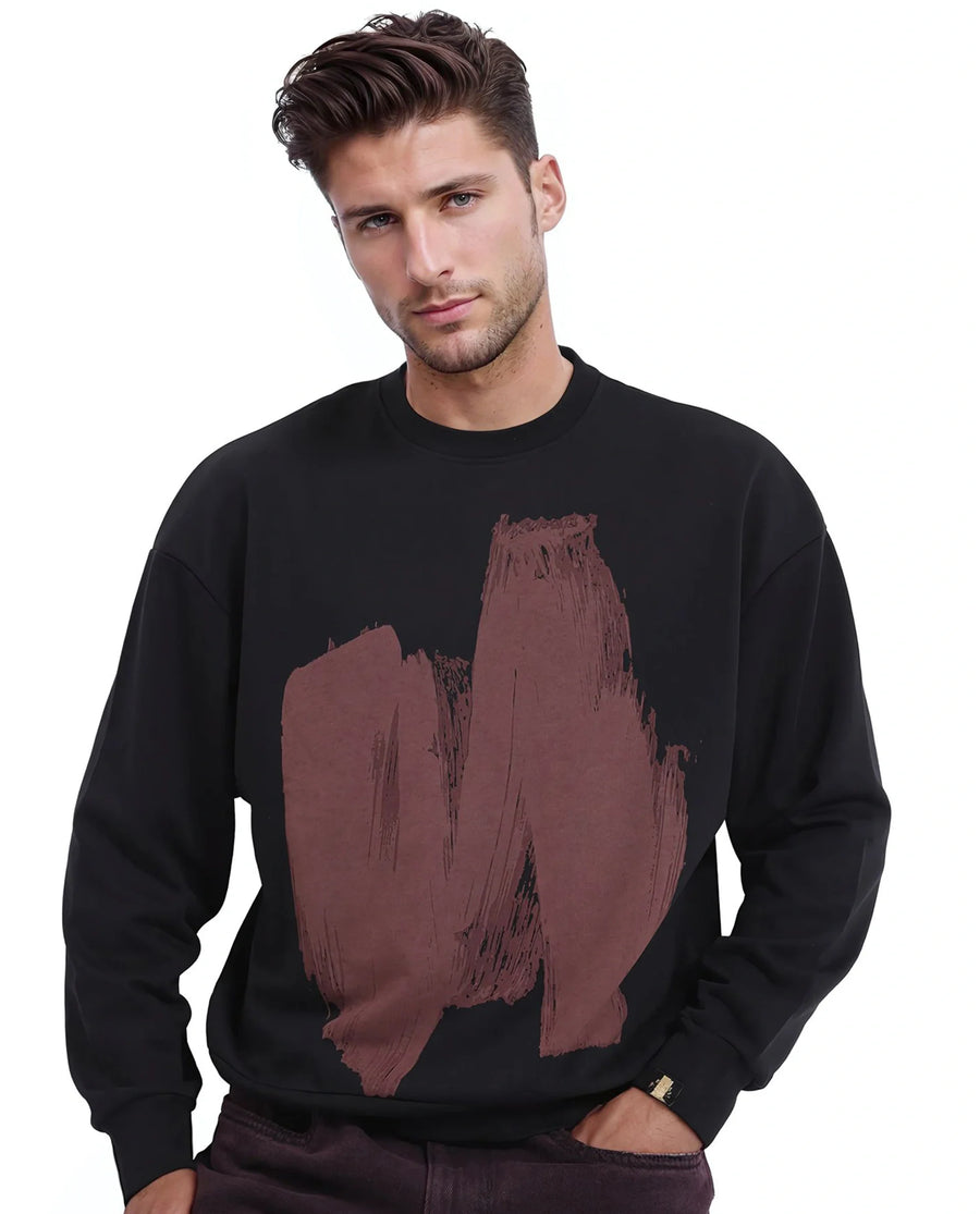 Rare Rabbit Men's Bade Black Cotton Abstract Print Boxy Fit Full Sleeve Crew Neck Sweatshirt