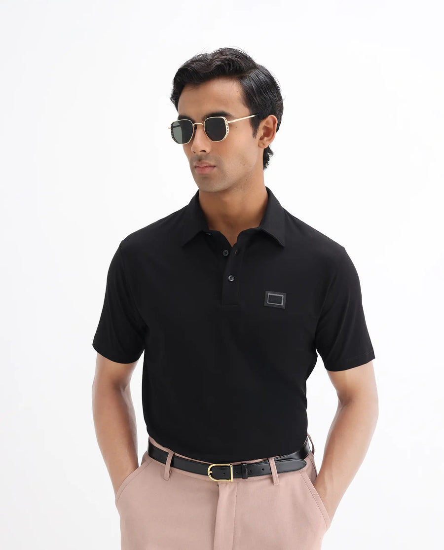 Rare Rabbit Men's Badger-25 Black Cotton Blend Plain Regular Fit Half Sleeve Polo