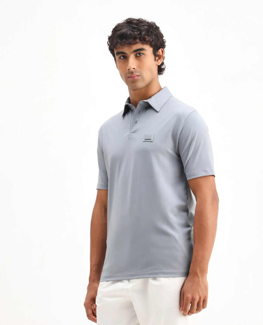 Rare Rabbit Men's Badger-25 Dusky Blue Cotton Blend Plain Regular Fit Half Sleeve Polo