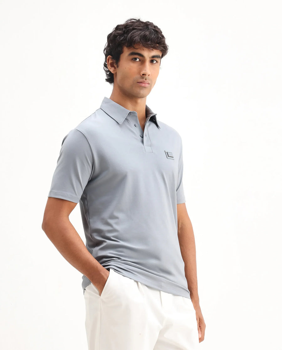 Rare Rabbit Men's Badger-2 Dusky Blue Cotton Plain Regular Fit Half Sleeve Polo