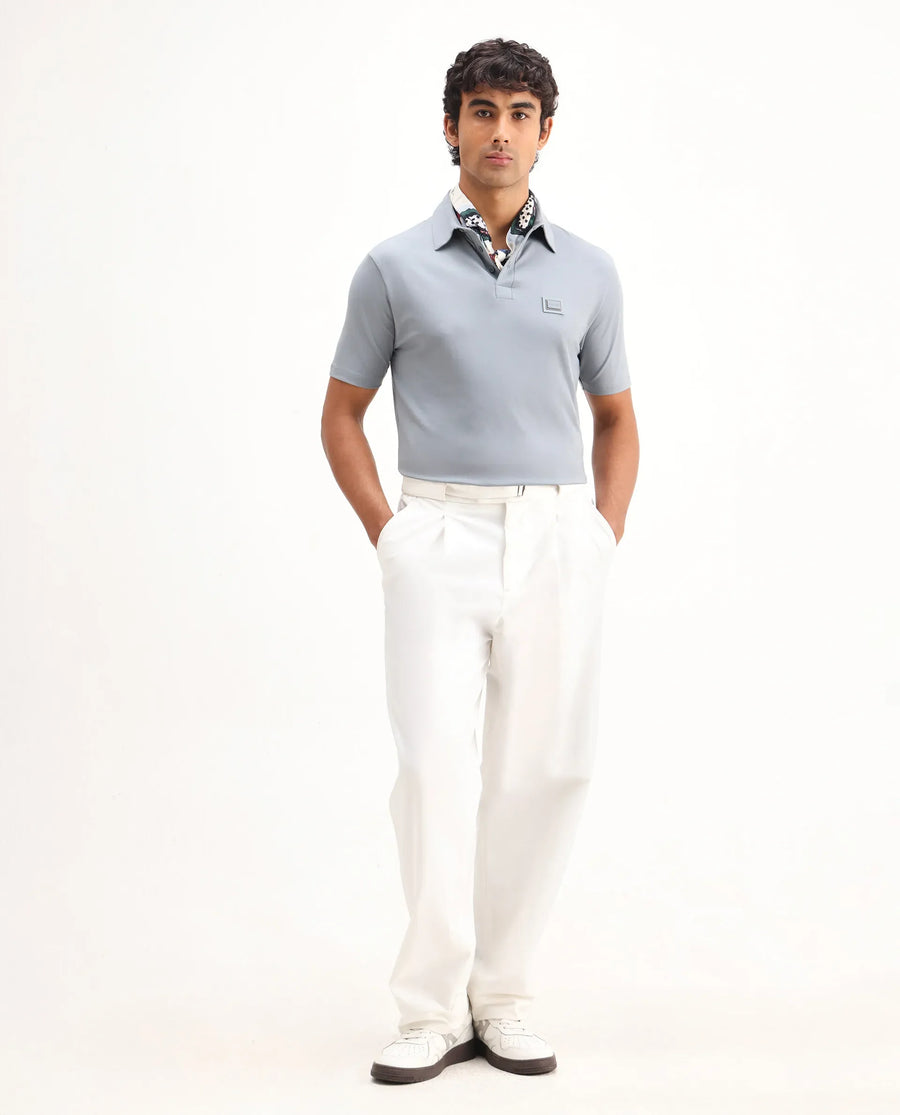Rare Rabbit Men's Badger-2 Dusky Blue Cotton Plain Regular Fit Half Sleeve Polo