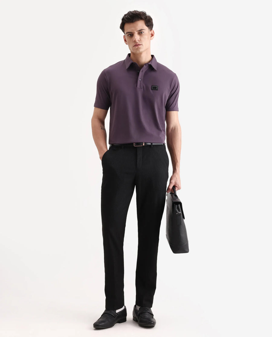 Rare Rabbit Men's Badger-A25 Dark Purple Cotton Blend Plain Regular Fit Half Sleeve Plain Polo