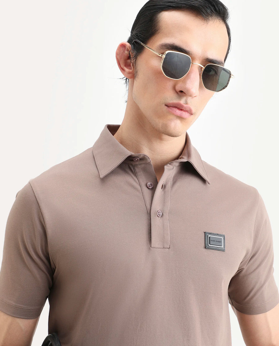 Rare Rabbit Men's Badger-A25 Dusky Brown Cotton Blend Plain Regular Fit Half Sleeve Plain Polo