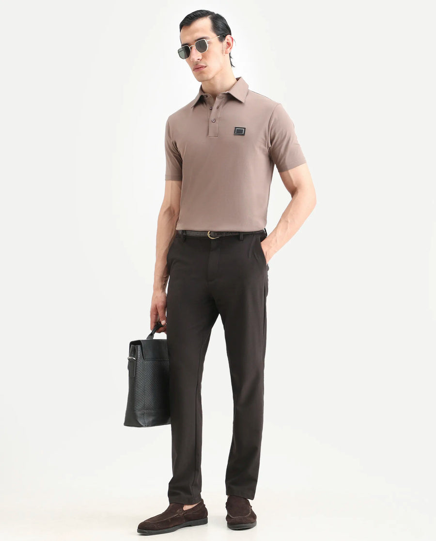 Rare Rabbit Men's Badger-A25 Dusky Brown Cotton Blend Plain Regular Fit Half Sleeve Plain Polo