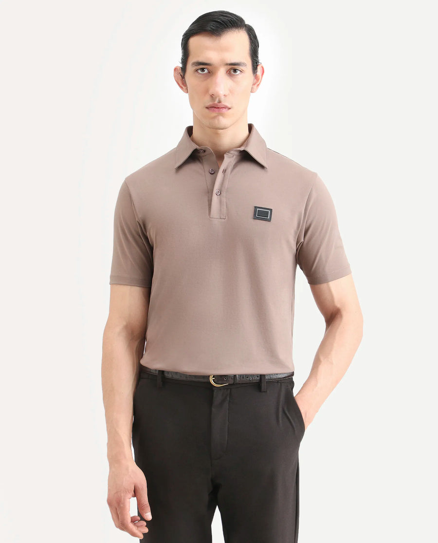 Rare Rabbit Men's Badger-A25 Dusky Brown Cotton Blend Plain Regular Fit Half Sleeve Plain Polo