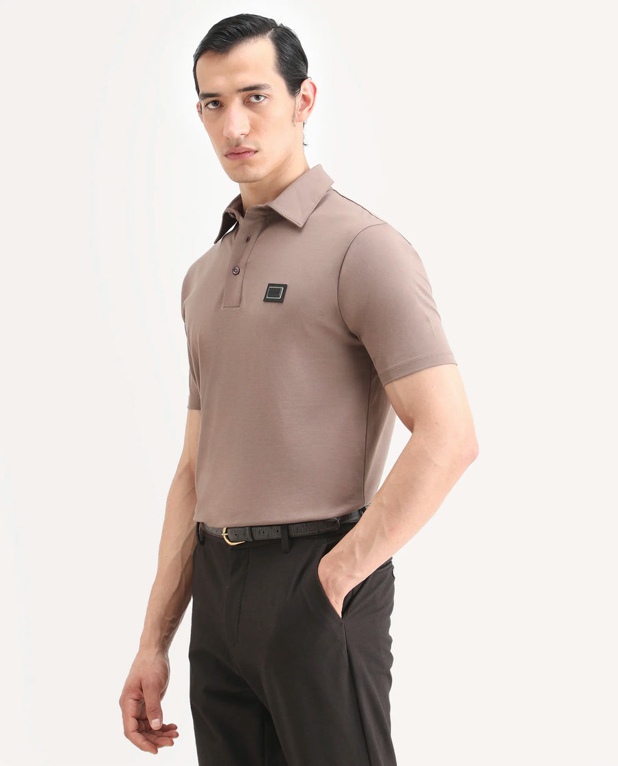Rare Rabbit Men's Badger-A25 Dusky Brown Cotton Blend Plain Regular Fit Half Sleeve Plain Polo