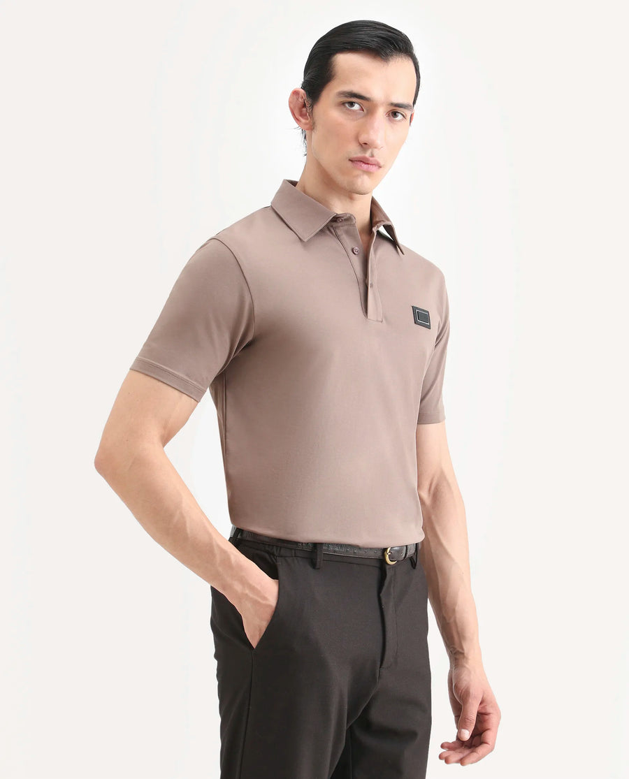 Rare Rabbit Men's Badger-A25 Dusky Brown Cotton Blend Plain Regular Fit Half Sleeve Plain Polo