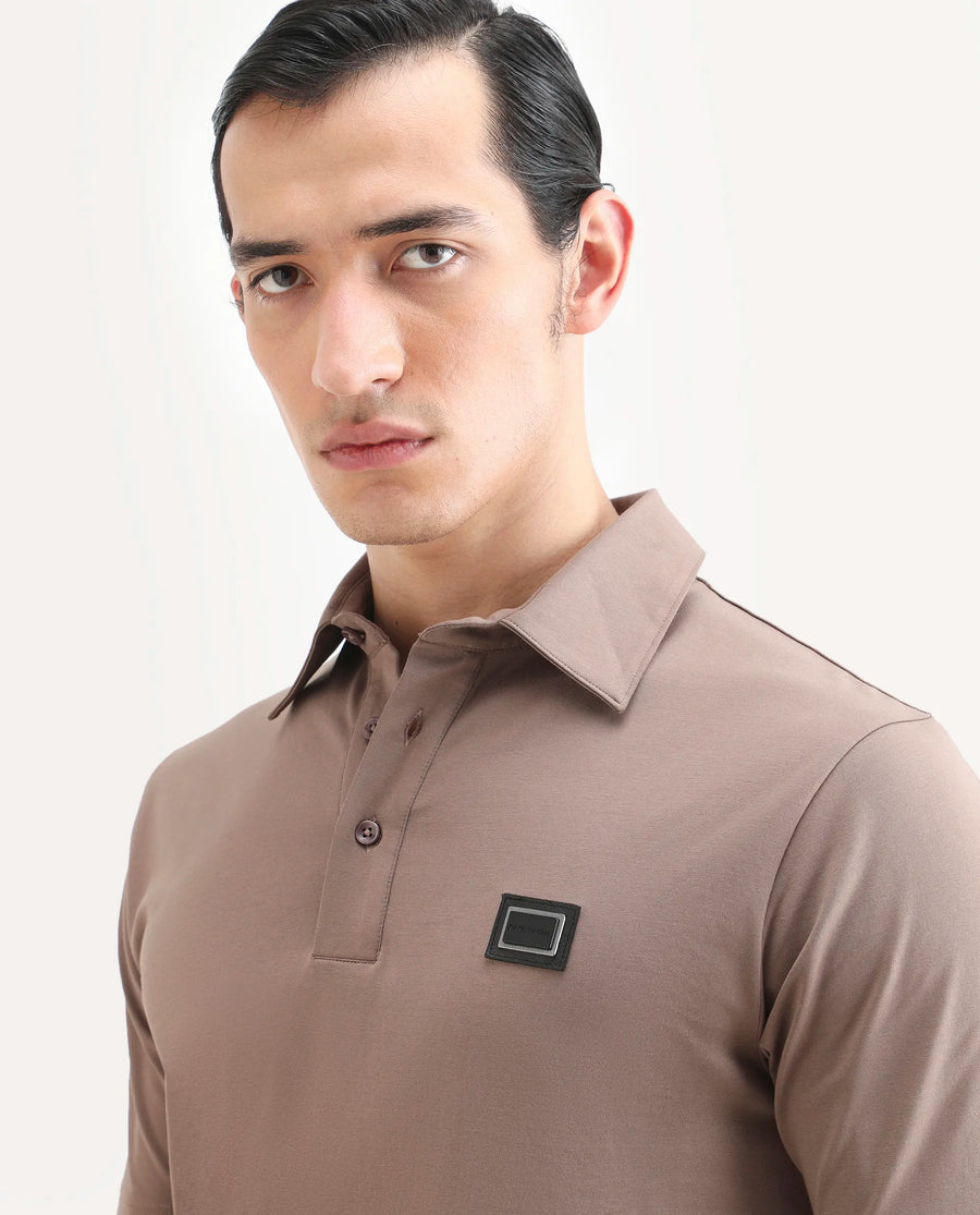 Rare Rabbit Men's Badger-A25 Dusky Brown Cotton Blend Plain Regular Fit Half Sleeve Plain Polo