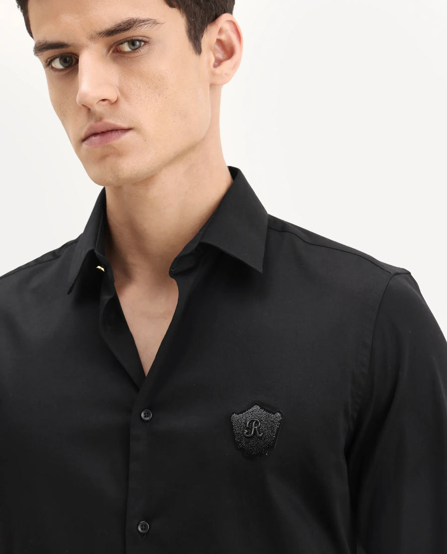 Rare Rabbit Men's Badgo Black Cotton Fabric Spread Collar Regular Fit Plain Shirt