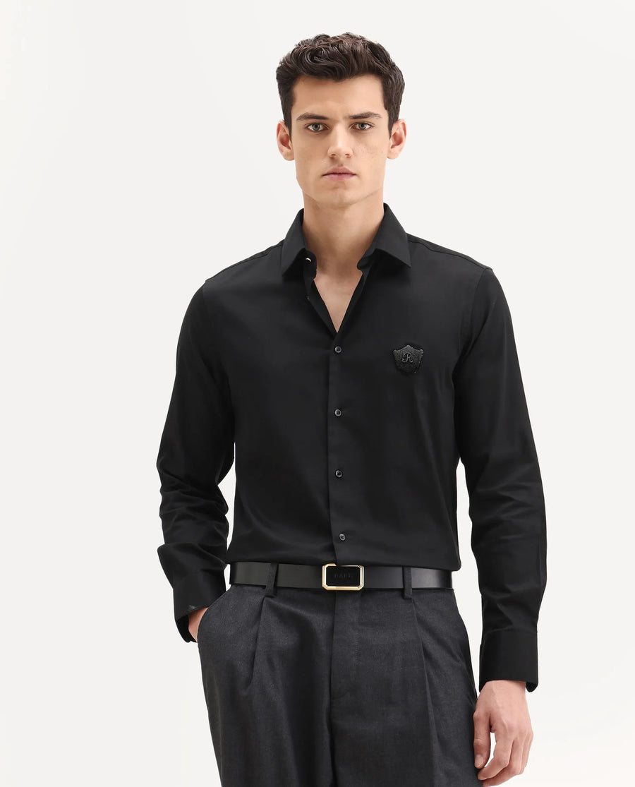 Rare Rabbit Men's Badgo Black Cotton Fabric Spread Collar Regular Fit Plain Shirt