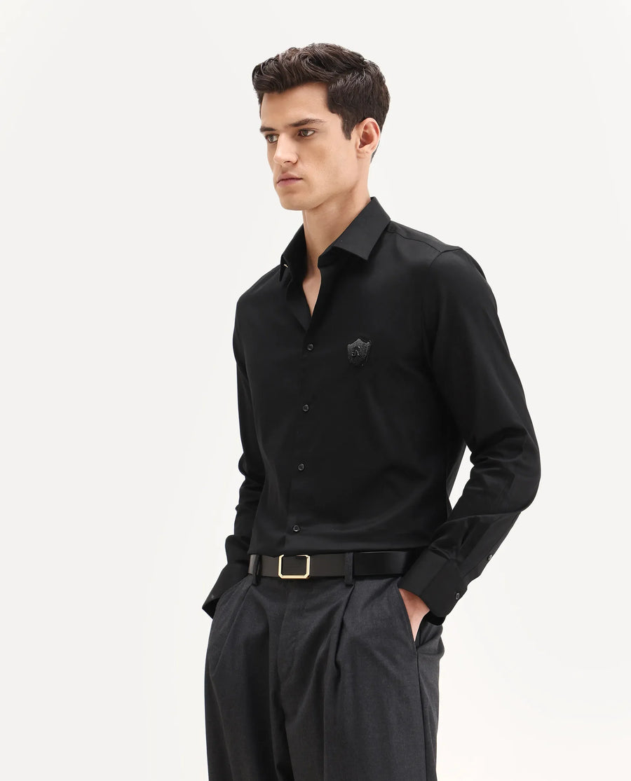 Rare Rabbit Men's Badgo Black Cotton Fabric Spread Collar Regular Fit Plain Shirt