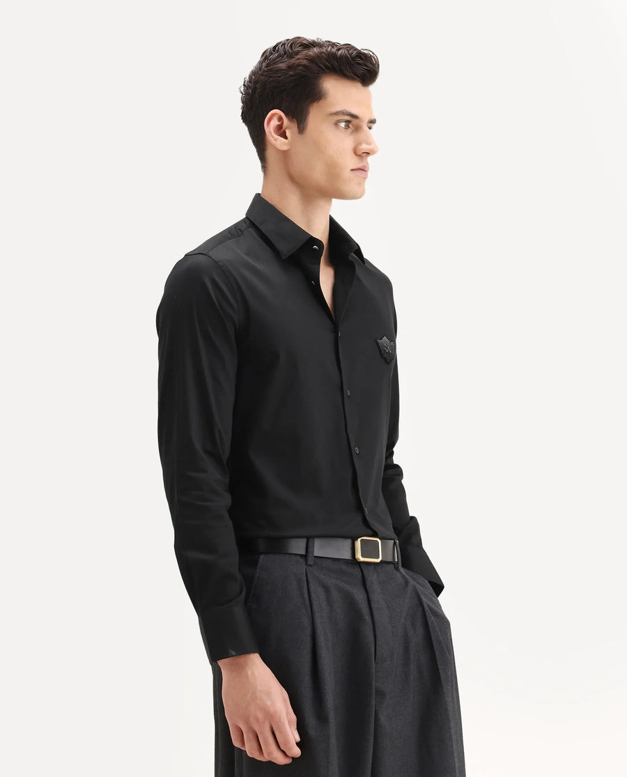 Rare Rabbit Men's Badgo Black Cotton Fabric Spread Collar Regular Fit Plain Shirt