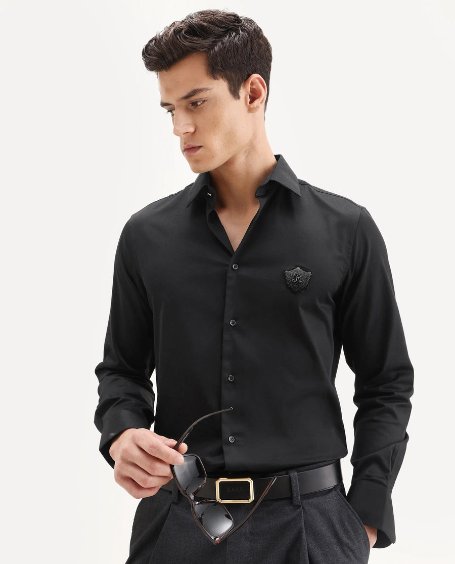 Rare Rabbit Men's Badgo Black Cotton Fabric Spread Collar Regular Fit Plain Shirt
