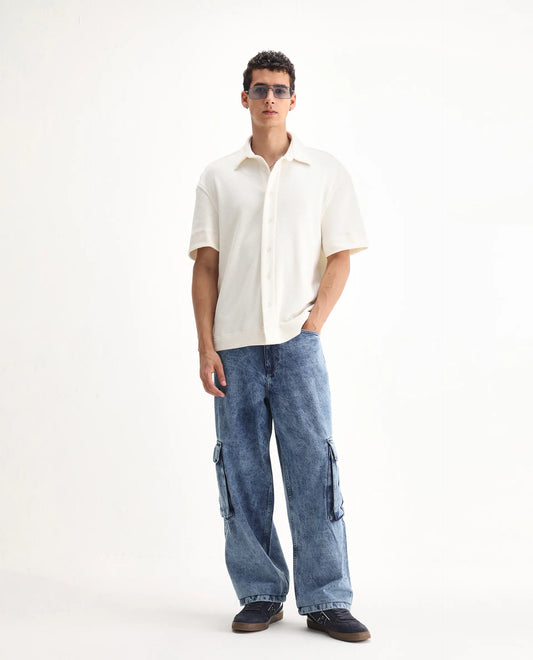 Rare Rabbit Men's Baey Blue Cotton Plain Baggy Fit Jeans