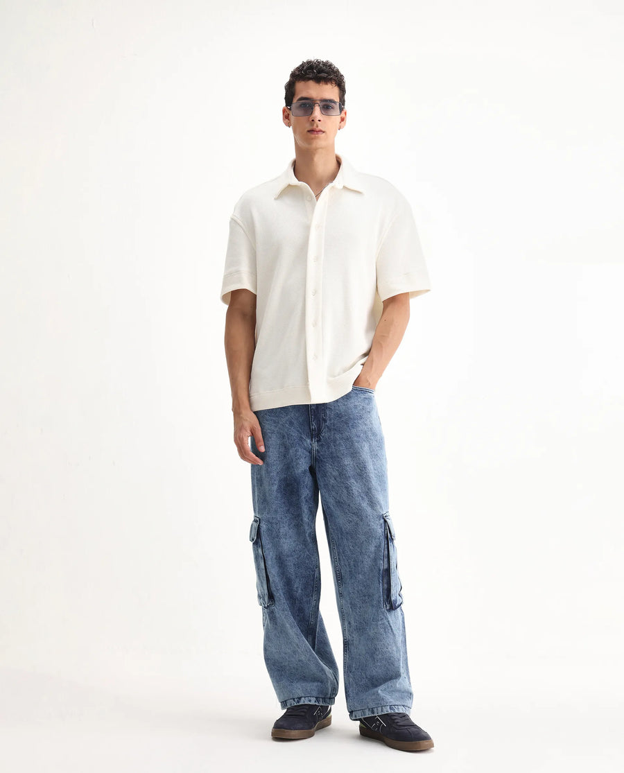 Rare Rabbit Men's Baey Blue Cotton Plain Baggy Fit Jeans