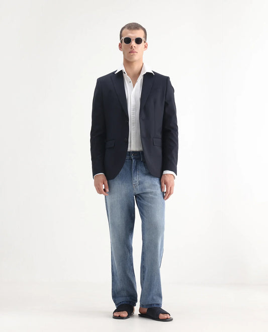 Rare Rabbit Men's Bagg-2 Blue Cotton Plain Morris Regular Fit Jeans