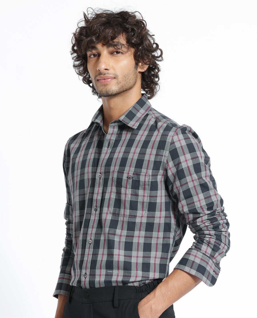 Rare Rabbit Men's Bale Black Cotton Checked Print Regular Fit Full Sleeve Collared Shirt