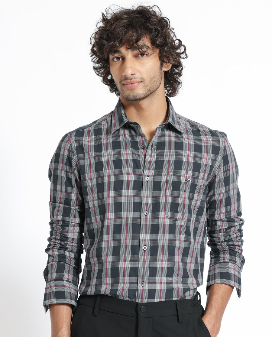 Rare Rabbit Men's Bale Black Cotton Checked Print Regular Fit Full Sleeve Collared Shirt