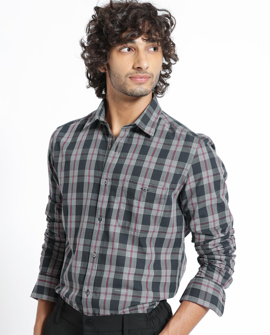Rare Rabbit Men's Bale Black Cotton Checked Print Regular Fit Full Sleeve Collared Shirt