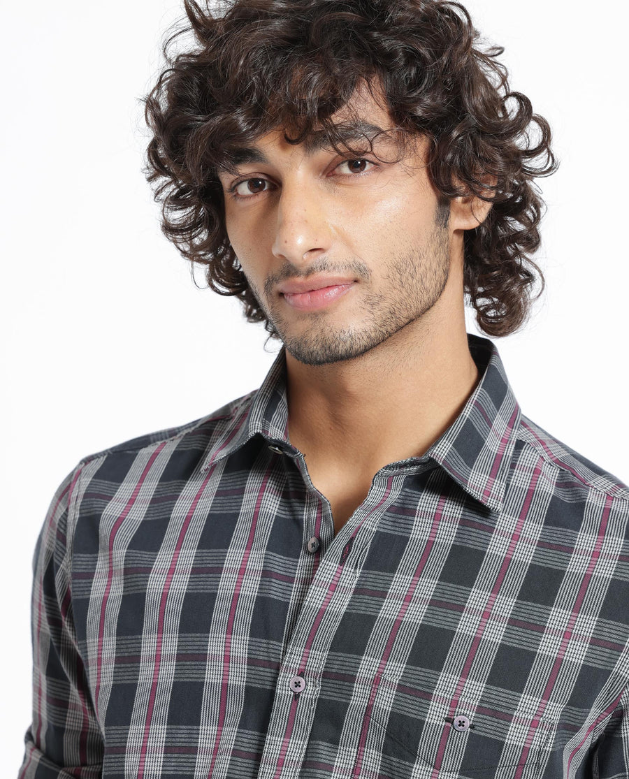 Rare Rabbit Men's Bale Black Cotton Checked Print Regular Fit Full Sleeve Collared Shirt