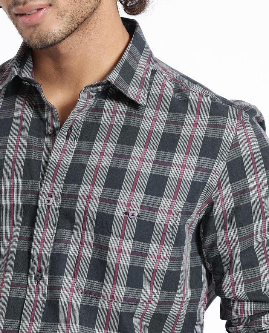 Rare Rabbit Men's Bale Black Cotton Checked Print Regular Fit Full Sleeve Collared Shirt