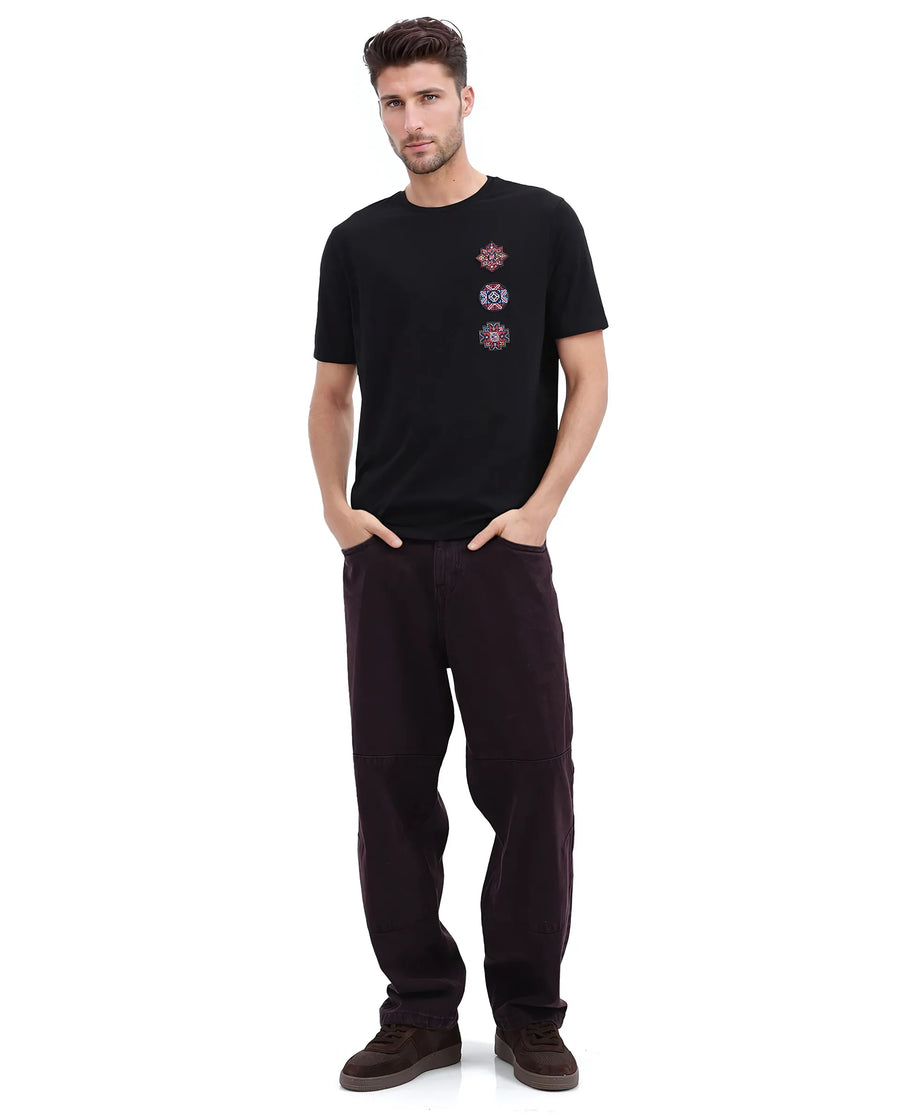 Rare Rabbit Men's Bale Black Cotton Blend Graphic Print Relaxed Fit Half Sleeve Crew Neck T-Shirt