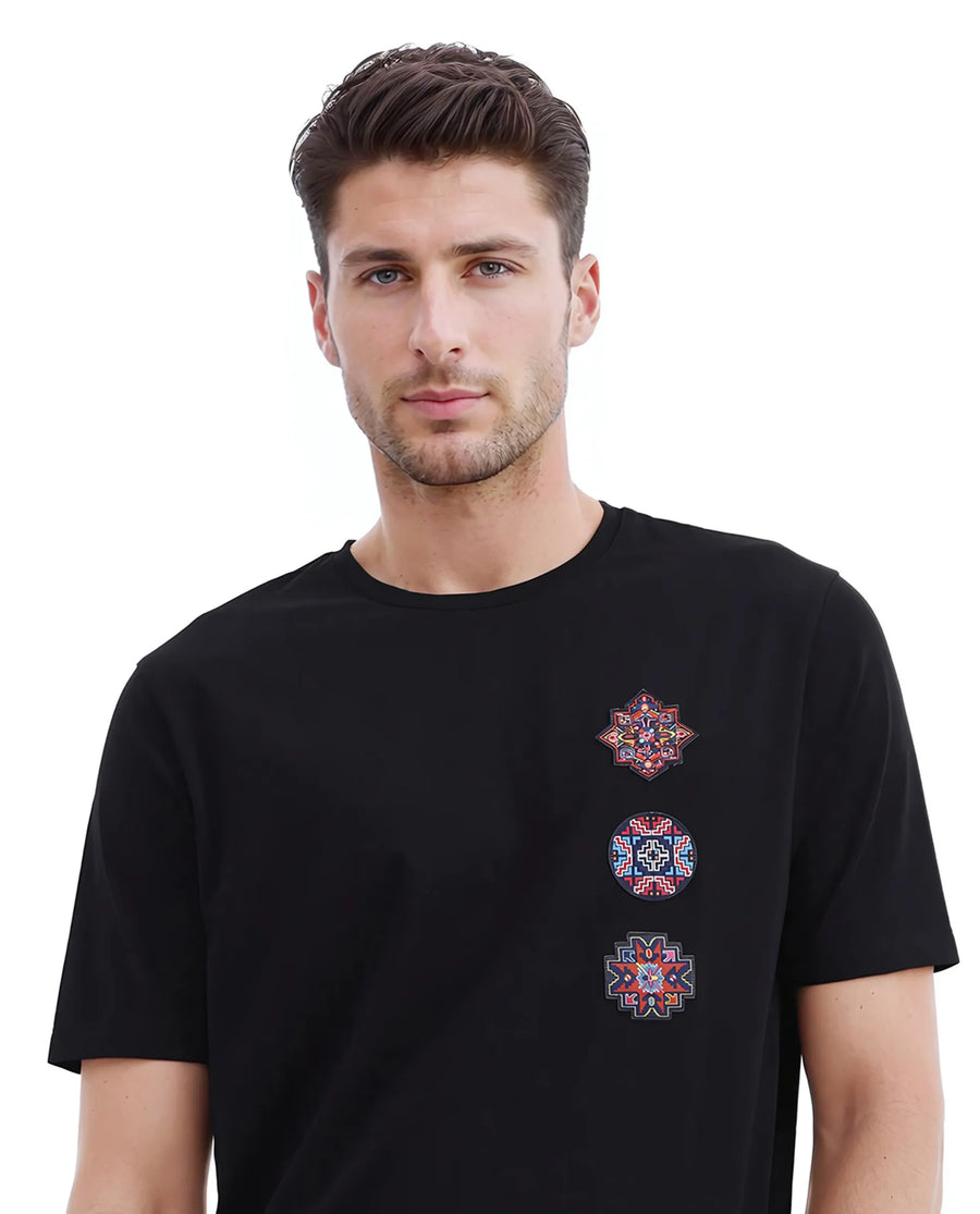 Rare Rabbit Men's Bale Black Cotton Blend Graphic Print Relaxed Fit Half Sleeve Crew Neck T-Shirt