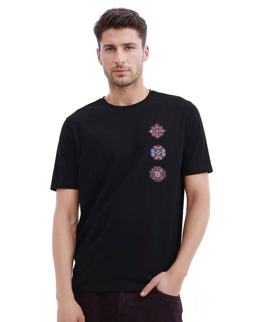 Rare Rabbit Men's Bale Black Cotton Blend Graphic Print Relaxed Fit Half Sleeve Crew Neck T-Shirt