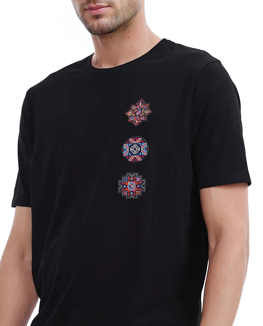 Rare Rabbit Men's Bale Black Cotton Blend Graphic Print Relaxed Fit Half Sleeve Crew Neck T-Shirt