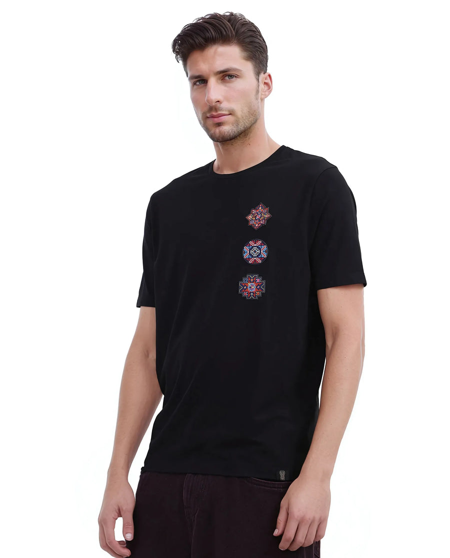 Rare Rabbit Men's Bale Black Cotton Blend Graphic Print Relaxed Fit Half Sleeve Crew Neck T-Shirt