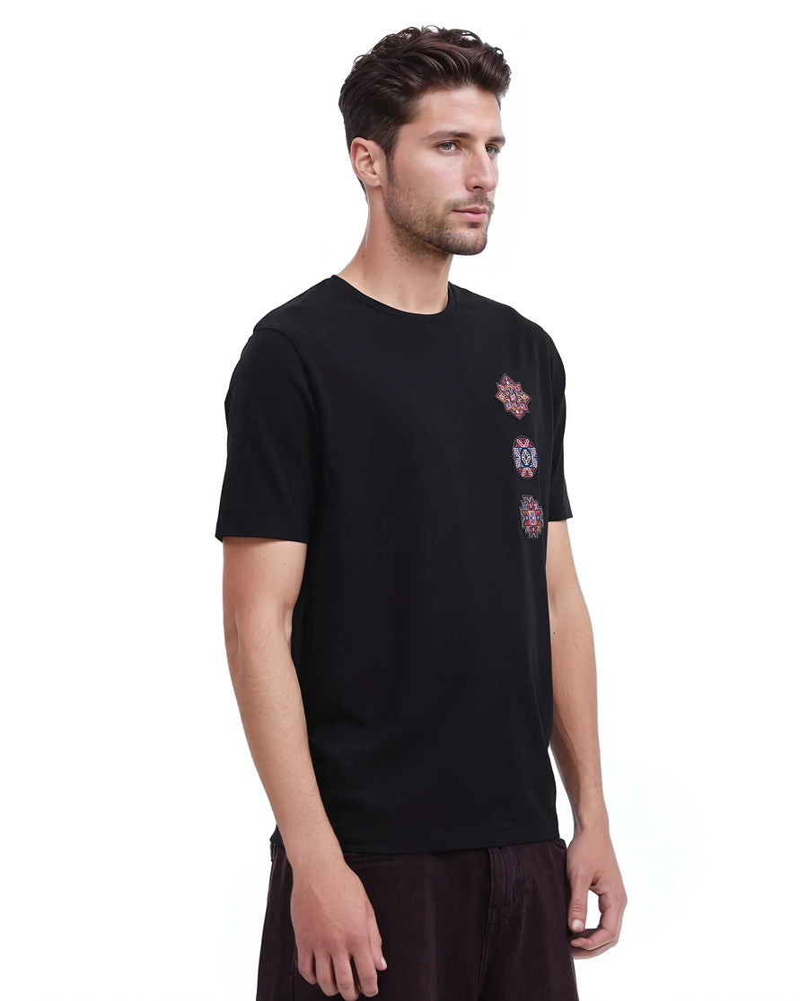 Rare Rabbit Men's Bale Black Cotton Blend Graphic Print Relaxed Fit Half Sleeve Crew Neck T-Shirt