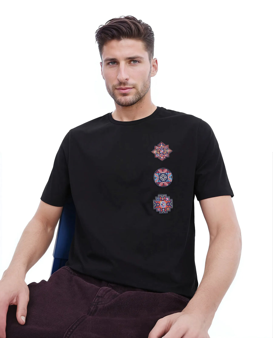 Rare Rabbit Men's Bale Black Cotton Blend Graphic Print Relaxed Fit Half Sleeve Crew Neck T-Shirt
