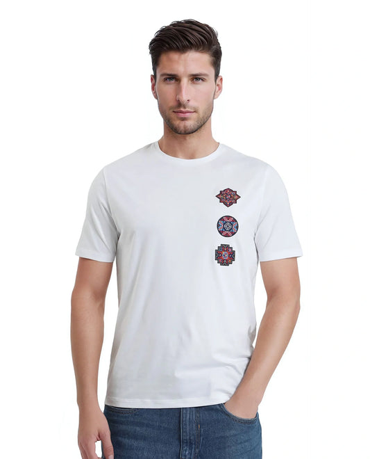 Rare Rabbit Men's Bale White Cotton Blend Graphic Print Relaxed Fit Half Sleeve Crew Neck T-Shirt