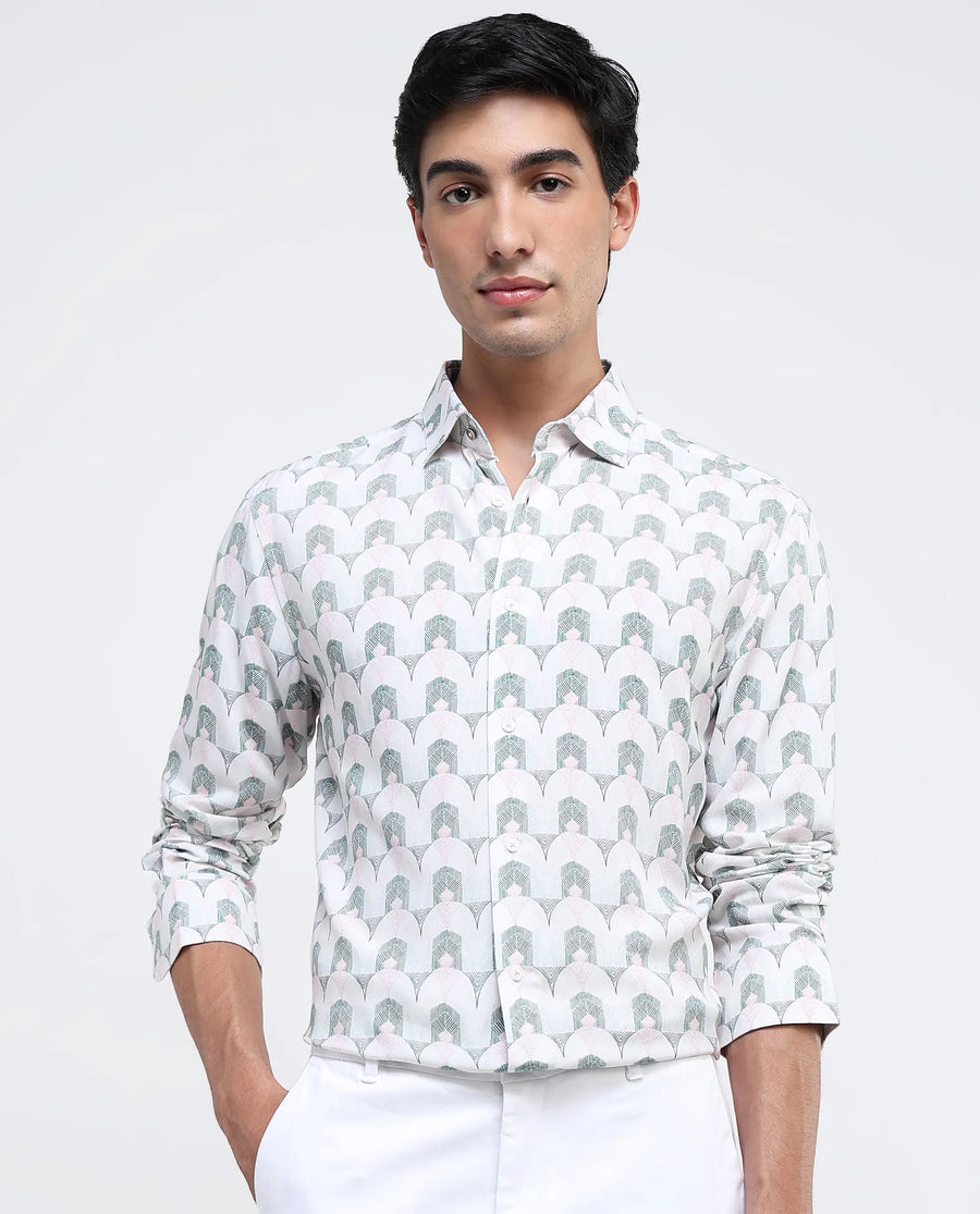 Rare Rabbit Men's Balic-1 Pastel Green Cotton Blend Geometric Print Regular Fit Full Sleeve Collared Shirt