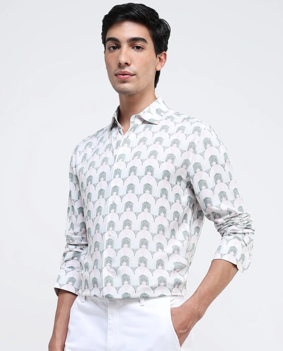 Rare Rabbit Men's Balic-1 Pastel Green Cotton Blend Geometric Print Regular Fit Full Sleeve Collared Shirt