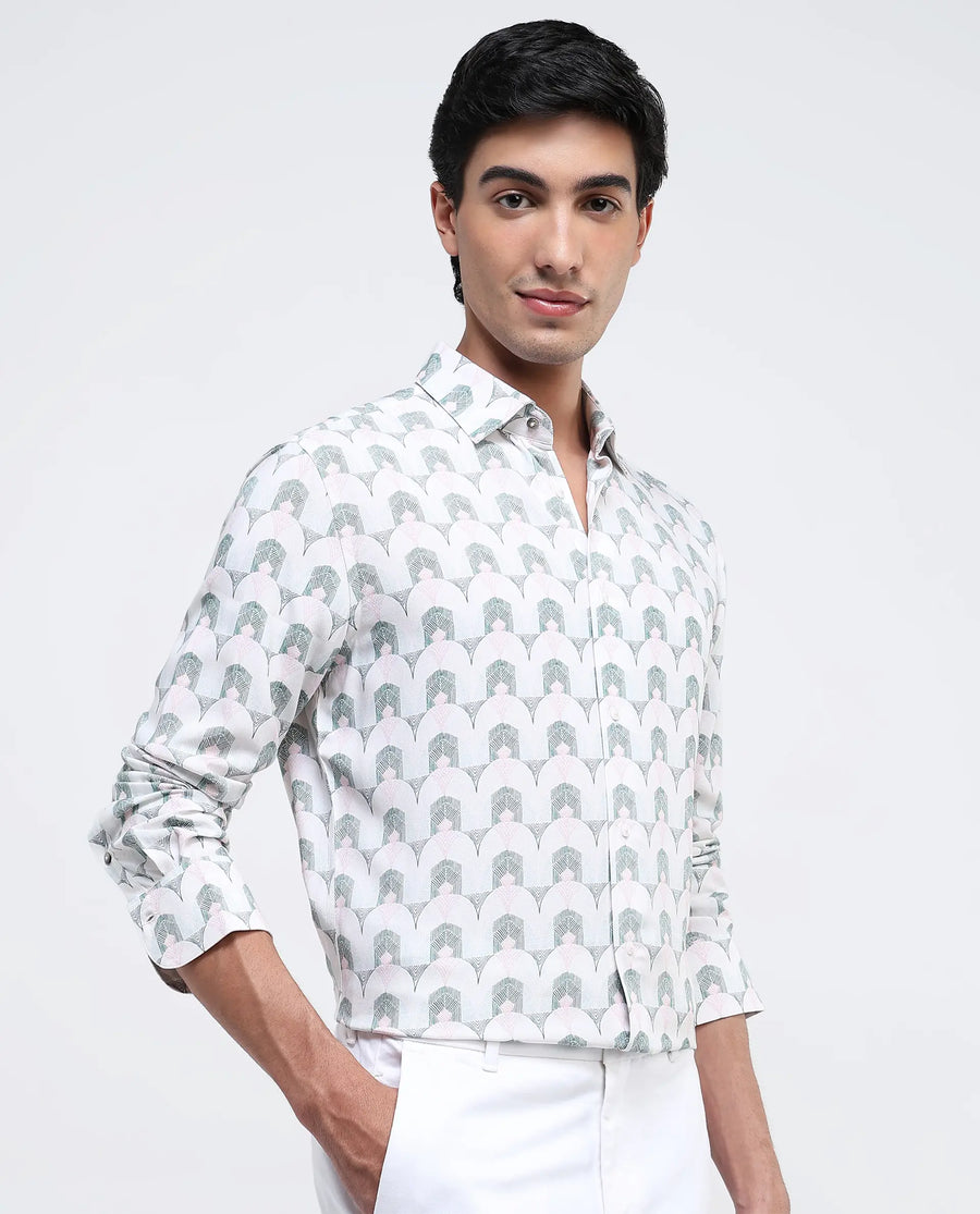 Rare Rabbit Men's Balic-1 Pastel Green Cotton Blend Geometric Print Regular Fit Full Sleeve Collared Shirt