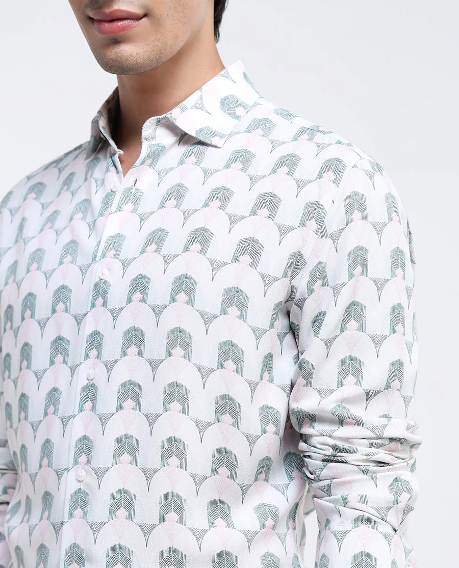 Rare Rabbit Men's Balic-1 Pastel Green Cotton Blend Geometric Print Regular Fit Full Sleeve Collared Shirt
