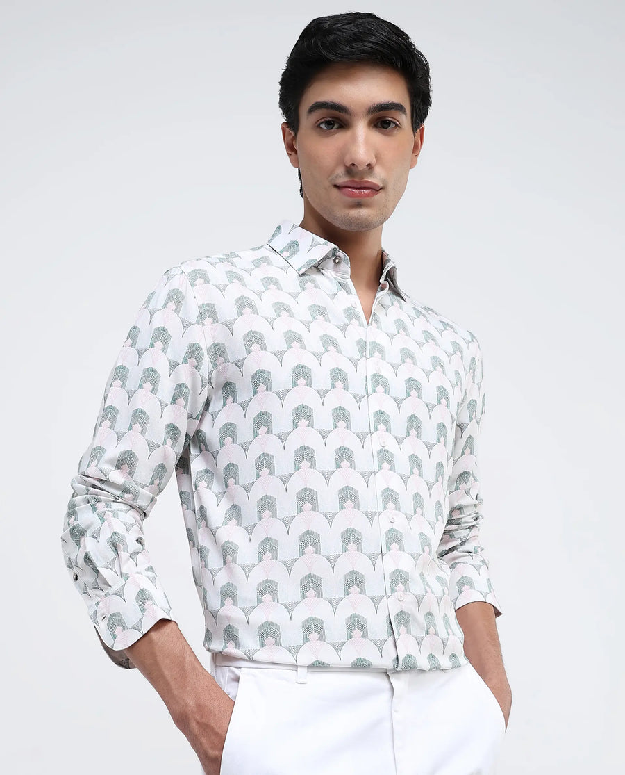 Rare Rabbit Men's Balic-1 Pastel Green Cotton Blend Geometric Print Regular Fit Full Sleeve Collared Shirt
