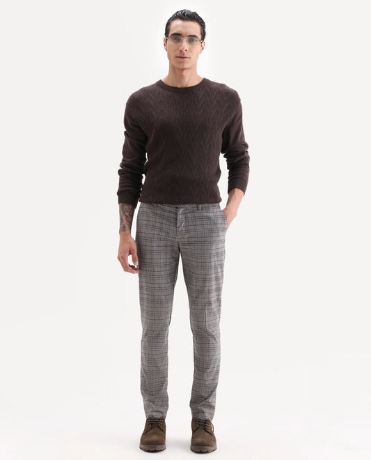 Rare Rabbit Men's Bandon Grey Cotton Blend Checked Print Regular Fit Trouser