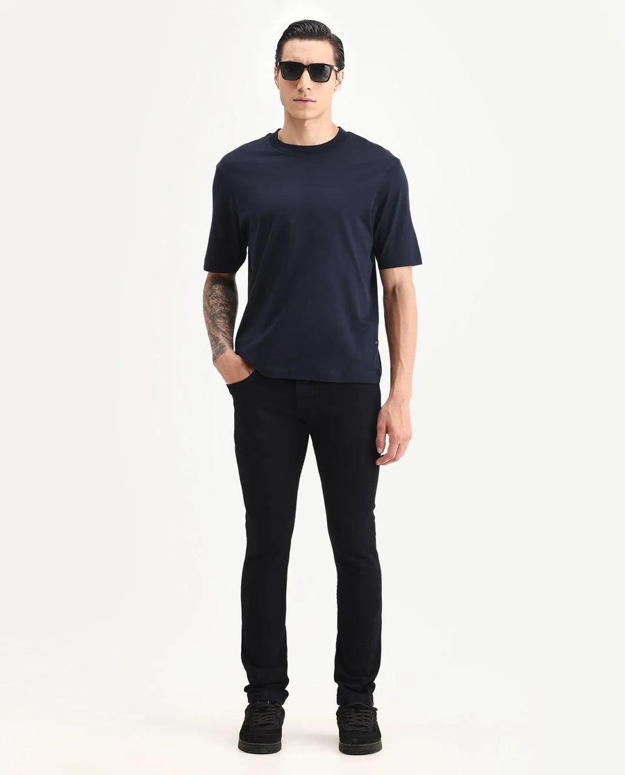 Rare Rabbit Men's Barcelon Navy Cotton Plain Oversized Fit Half Sleeve Crew Neck T-Shirt