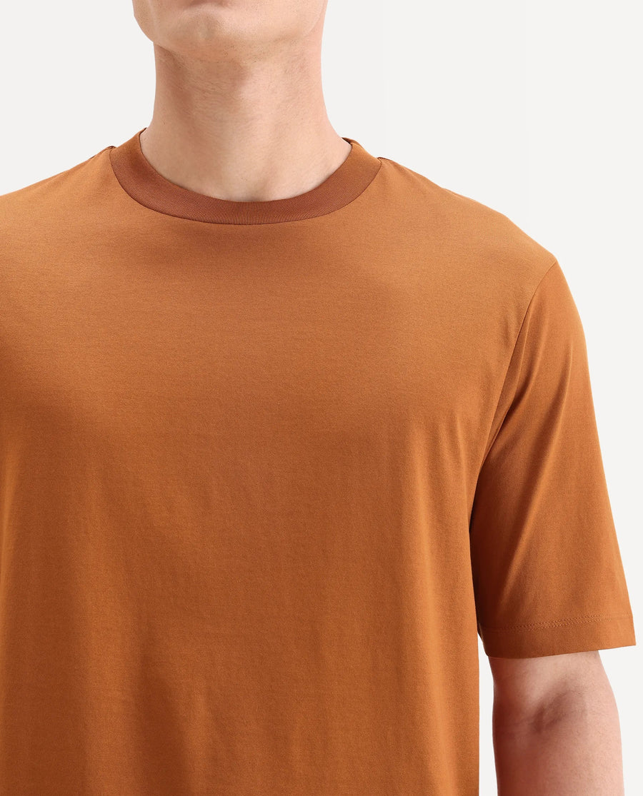 Rare Rabbit Men's Barcelon Rust Cotton Plain Oversized Fit Half Sleeve Crew Neck T-Shirt