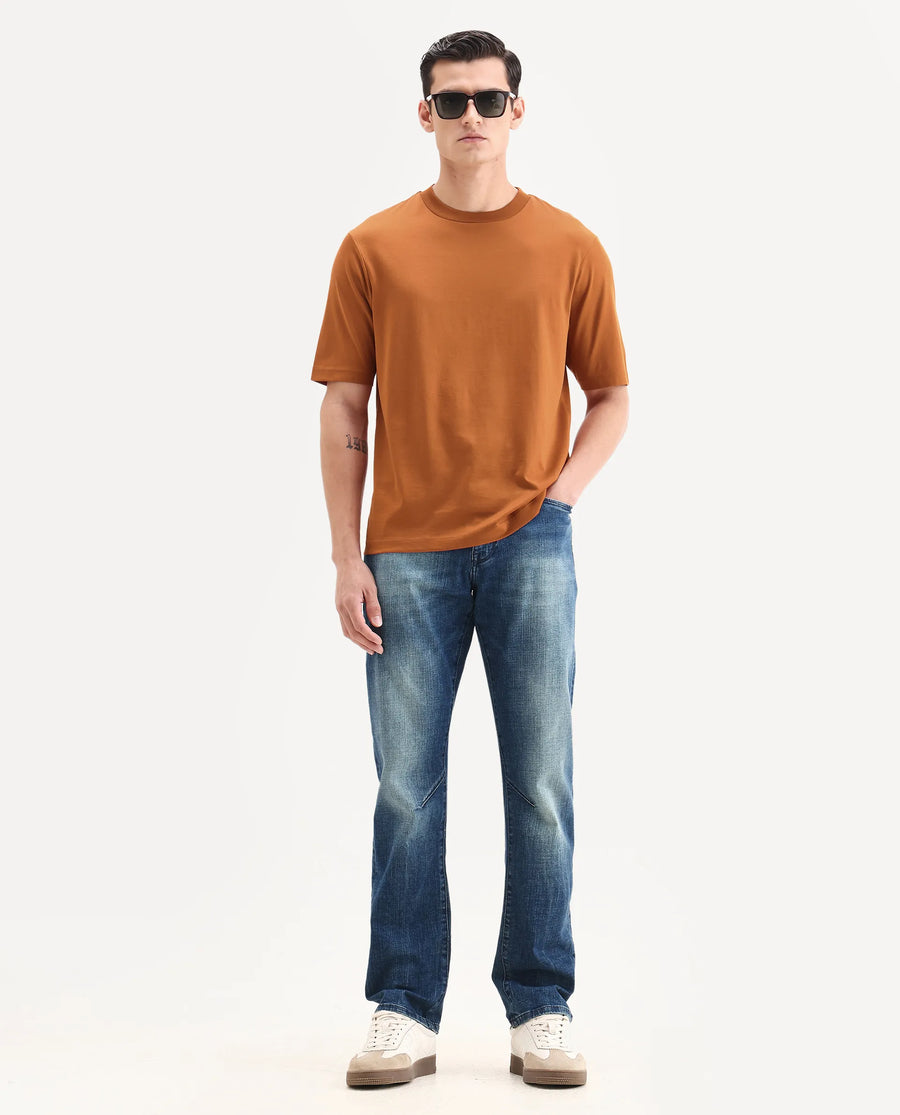 Rare Rabbit Men's Barcelon Rust Cotton Plain Oversized Fit Half Sleeve Crew Neck T-Shirt