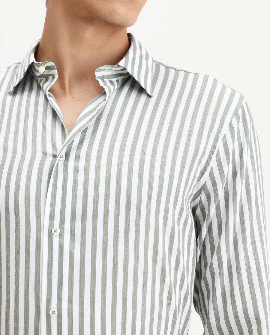 Rare Rabbit Men's Bari Dusky Green Cotton Blend Striped Print Regular Fit Full Sleeve Collared Shirt