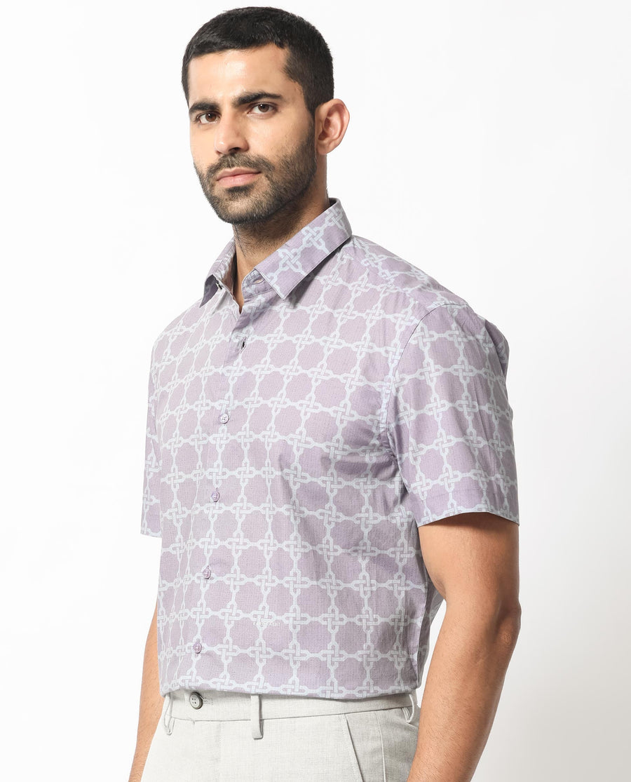 Rare Rabbit Men's Barret Pastel Purple Viscose Geometric Print Regular Fit Half Sleeve Collared Shirt