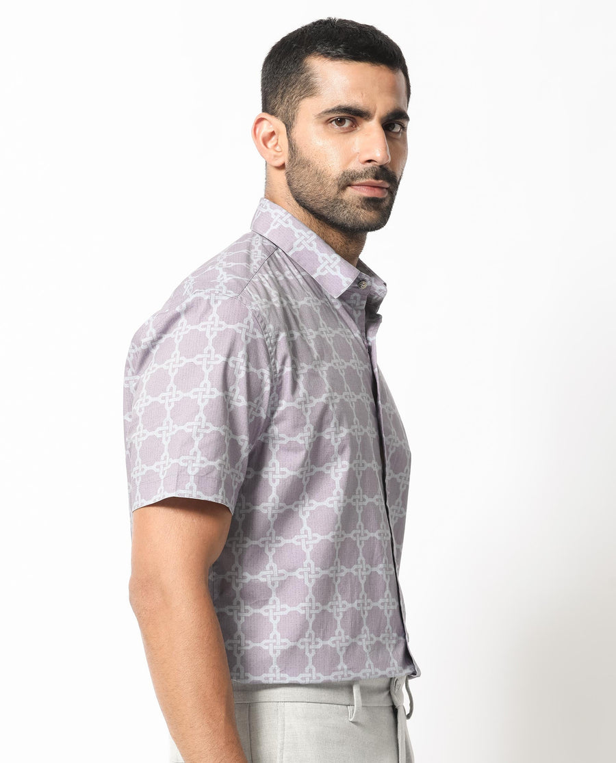 Rare Rabbit Men's Barret Pastel Purple Viscose Geometric Print Regular Fit Half Sleeve Collared Shirt