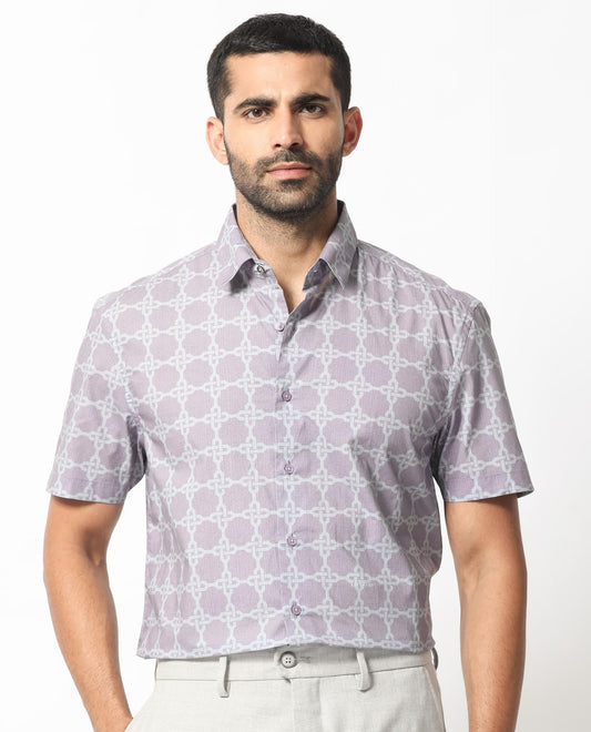 Rare Rabbit Men's Barret Pastel Purple Viscose Geometric Print Regular Fit Half Sleeve Collared Shirt