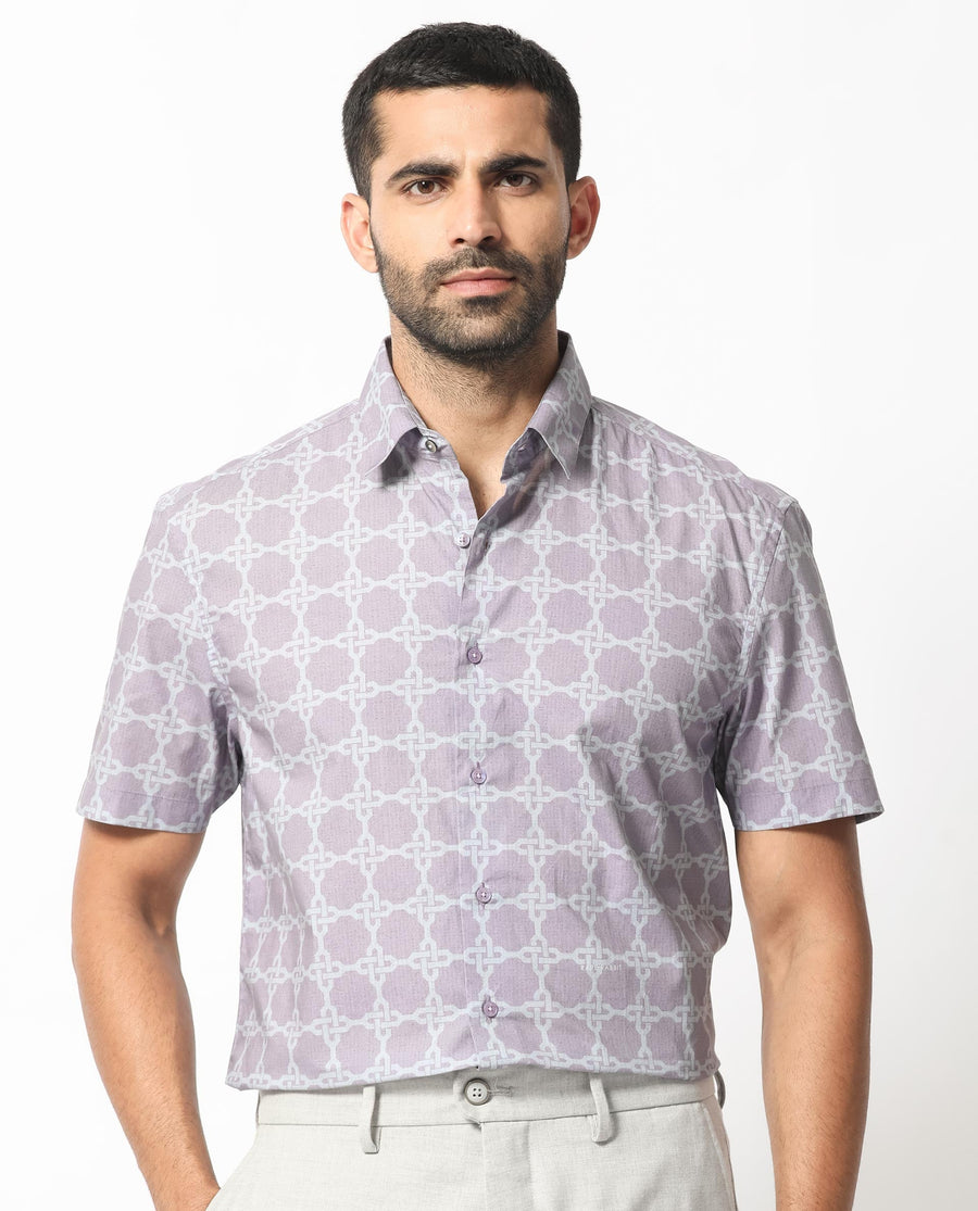 Rare Rabbit Men's Barret Pastel Purple Viscose Geometric Print Regular Fit Half Sleeve Collared Shirt