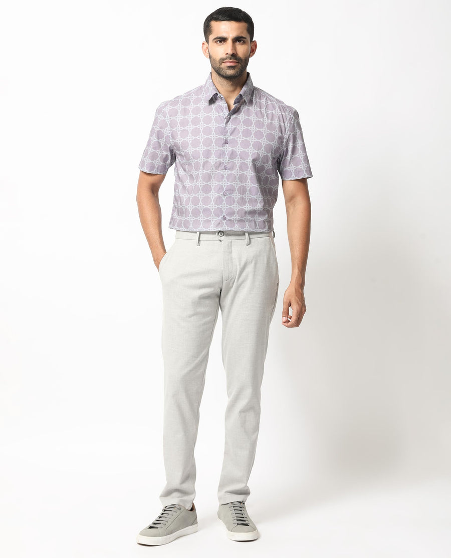 Rare Rabbit Men's Barret Pastel Purple Viscose Geometric Print Regular Fit Half Sleeve Collared Shirt