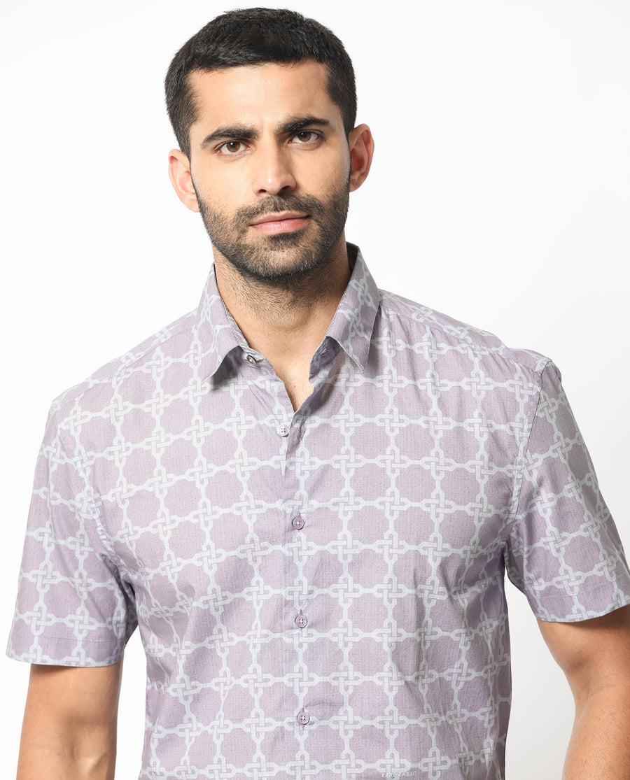 Rare Rabbit Men's Barret Pastel Purple Viscose Geometric Print Regular Fit Half Sleeve Collared Shirt