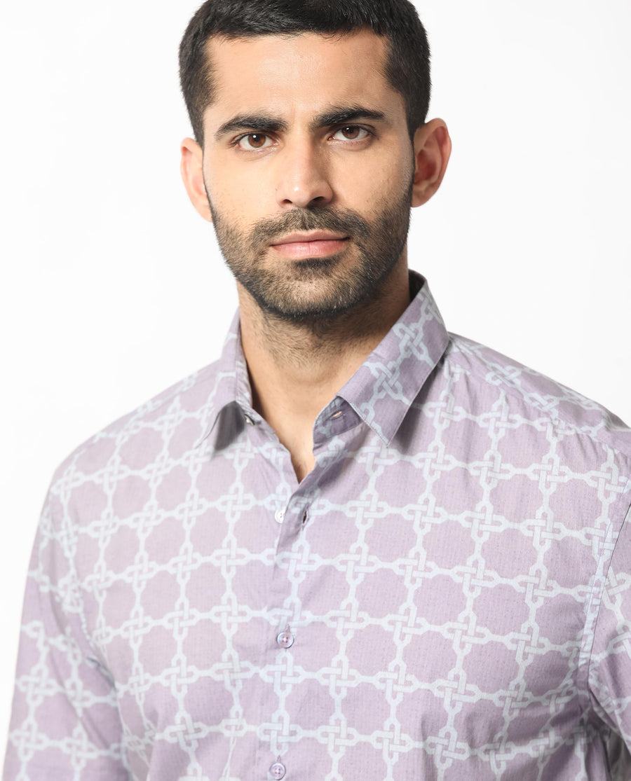 Rare Rabbit Men's Barret Pastel Purple Viscose Geometric Print Regular Fit Half Sleeve Collared Shirt